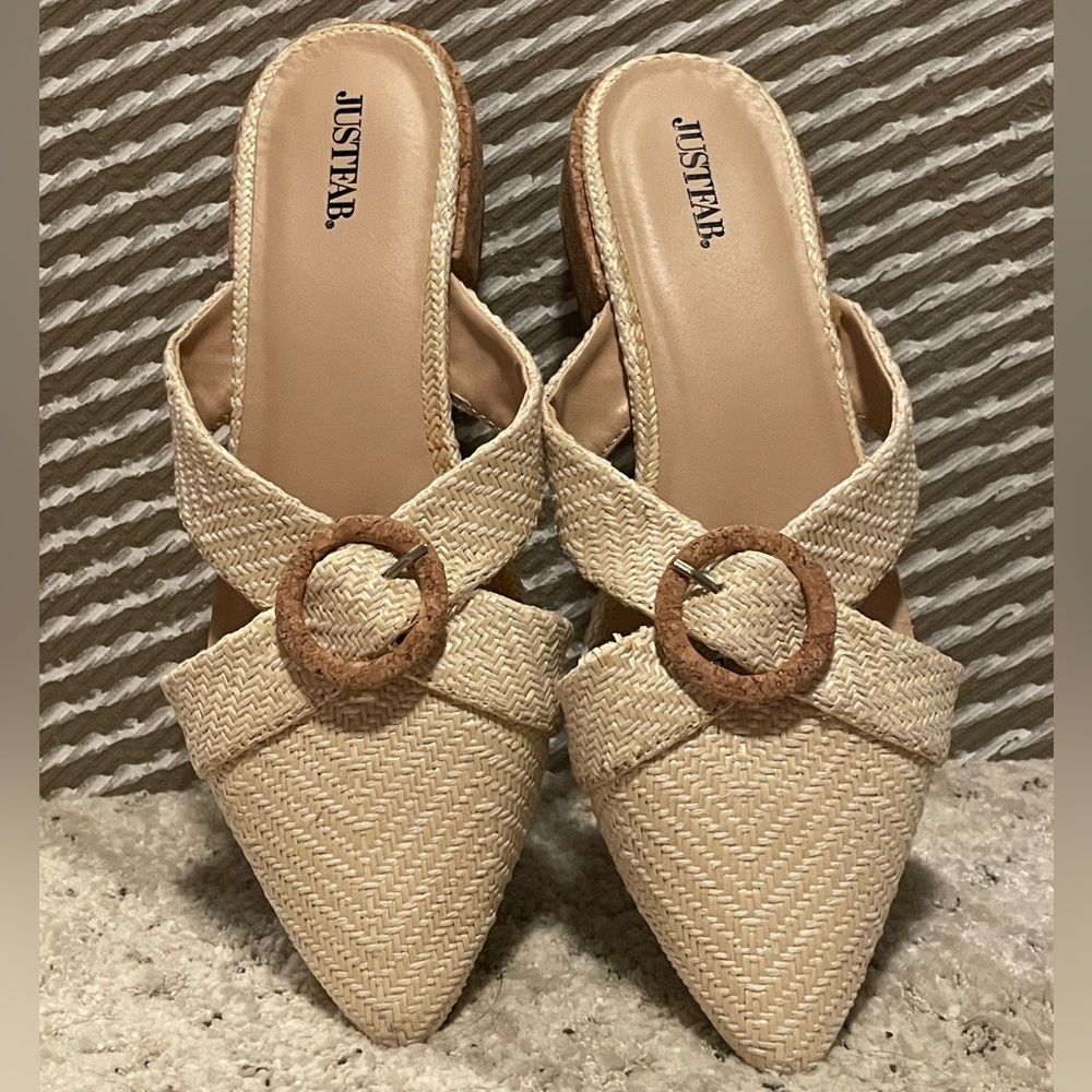 JustFab Beige Textured Mules with Buckle